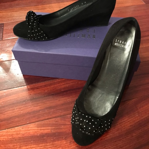 Stuart Weitzman Dotsun Black Suede Studded Knot Wedge - Picture 2 of 7